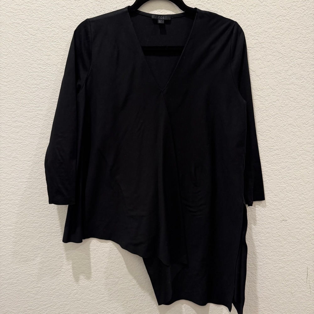 COS Black Asymmetrical Draped Hem V-Neck Long Sleeve Top XS